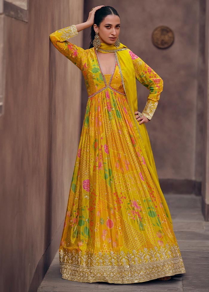 3 Pc Yellow Semi Stitched Georgette Suit Set Cheap Online