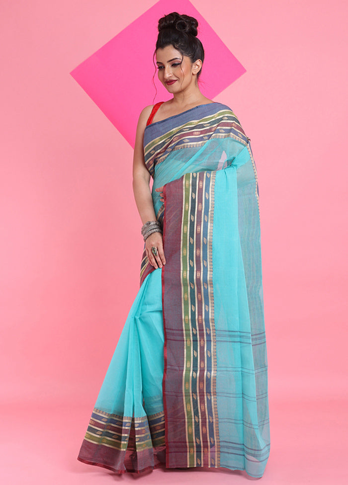 Sea Green Cotton Woven Work Saree Without Blouse Piece Sale Fast Delivery