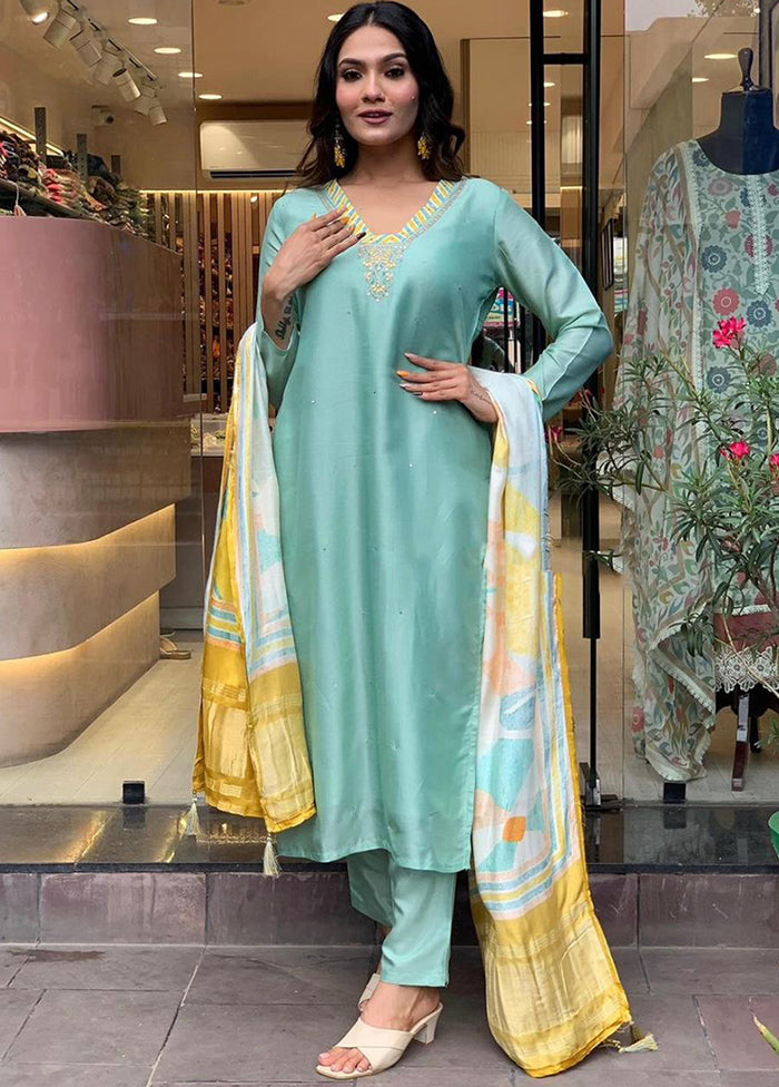 3 Pc Sea Green Readymade Silk Suit Set Shipping Discount Sale