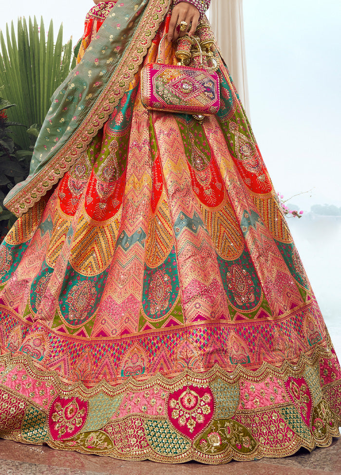 3 Pc Multicolor Silk Semi Stitched Lehenga Set Cheap Fashion Style