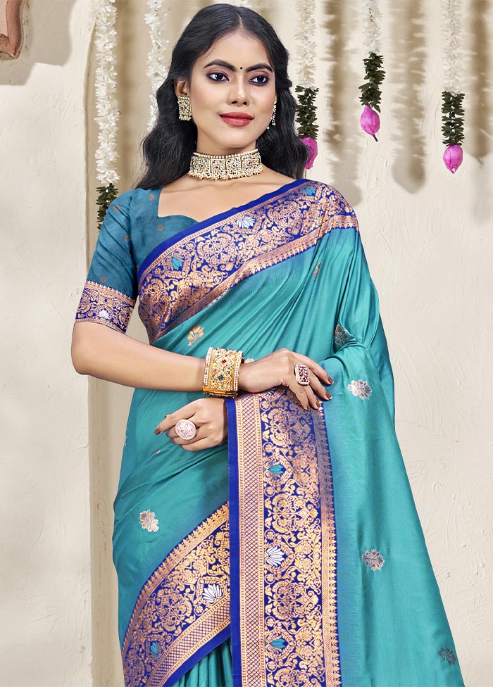 Sky Blue Dupion Silk Saree With Blouse Piece Clearance Pices