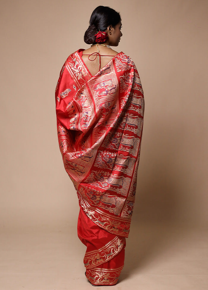 Red Handloom Baluchari Pure Silk Saree With Blouse Piece Clearance Exclusive