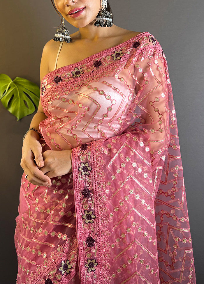 Pink Net Net Saree With Blouse Piece Find Great Online