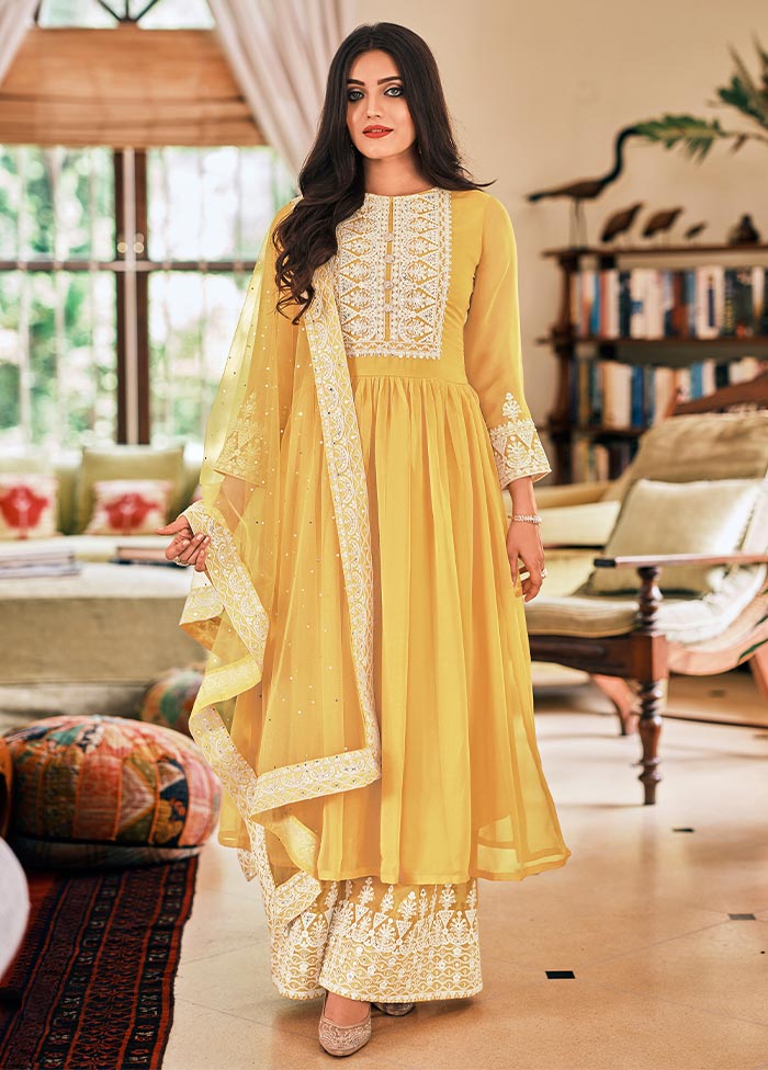 3 Pc Yellow Semi Stitched Georgette Suit Set Sale Purchase