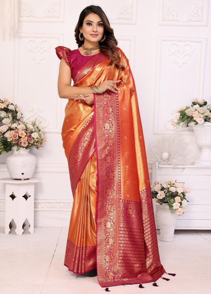 Orange Banarasi Silk Saree With Blouse Piece Fast Delivery Sale Online