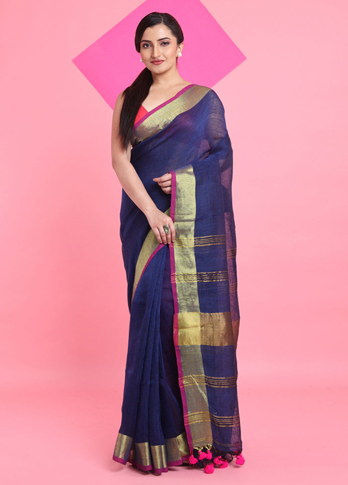 Blue Linen Silk Saree With Blouse Piece 2025 Cheap Pice