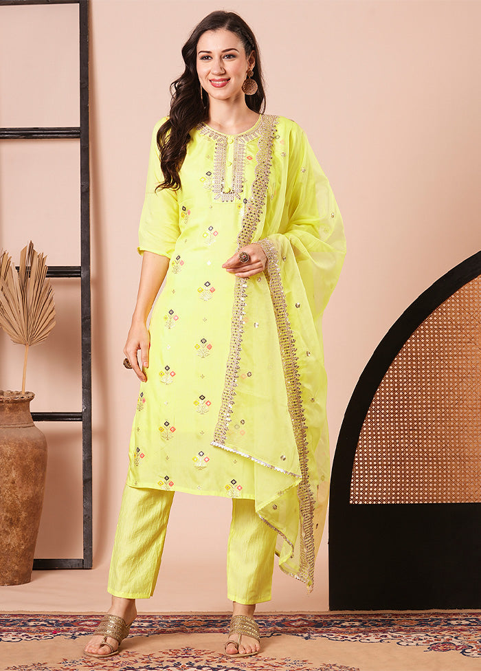 3 Pc Yellow Readymade Viscose Dupatta Suit Set Big Discount Online