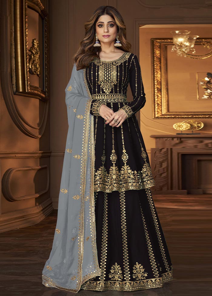 3 Pc Black Semi Stitched Georgette Suit Set Store Online