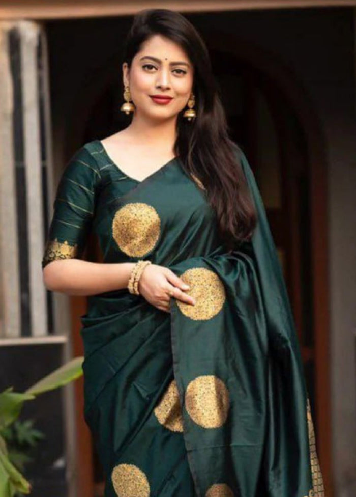 Dark Green Banarasi Silk Saree With Blouse Piece Best Wholesale Cheap Pice