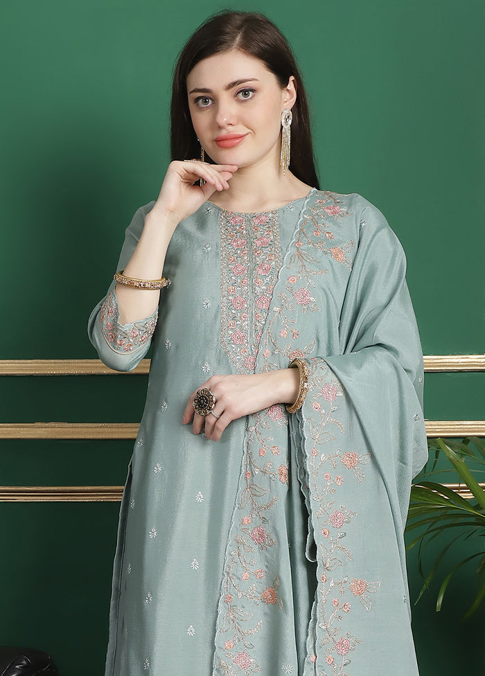 3 Pc Turquoise Unstitched Silk Suit Set For Sale Online