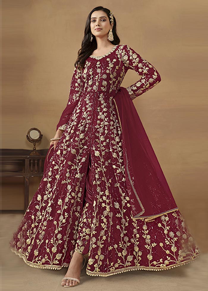 3 Pc Maroon Semi Stitched Net Suit Set Cheap Sale