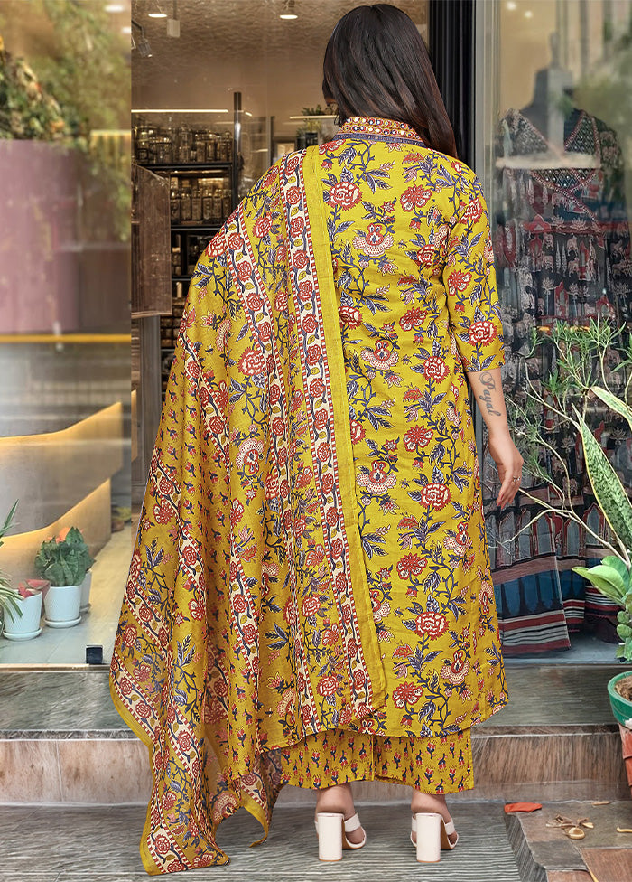 3 Pc Yellow Readymade Cotton Dupatta Suit Set Clearance Pictures