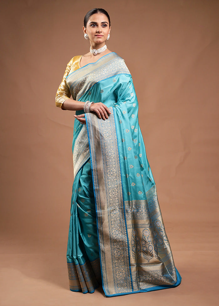 Blue Handloom Katan Pure Silk Saree With Blouse Piece Free Shipping 100% Original