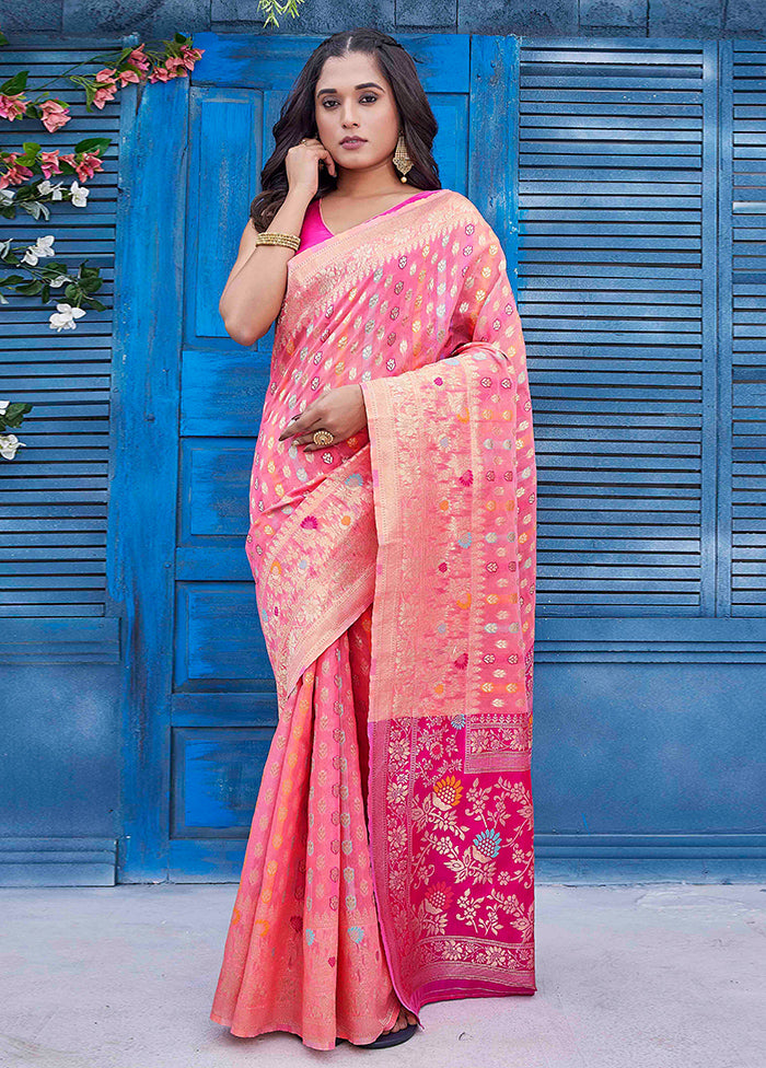 Pink Dupion Silk Saree With Blouse Piece Outlet 100% Original