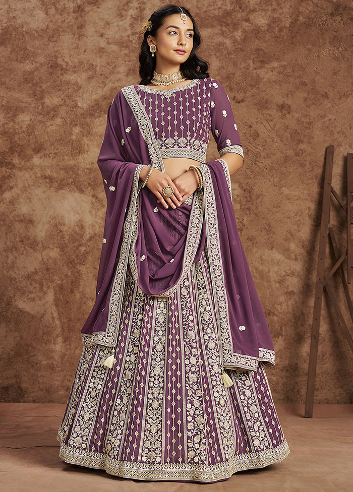 3 Pc Purple Georgette Semi Stitched Lehenga Set Cheap Sale Release Dates