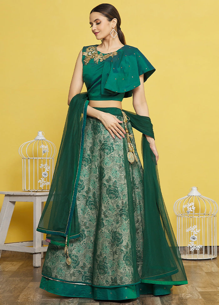 3 Pc Green Silk Semi Stitched Lehenga Set Outlet Great Deals