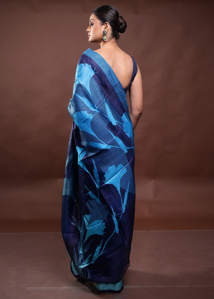 Blue Printed Pure Silk Saree Without Blouse Piece Discount Recommend