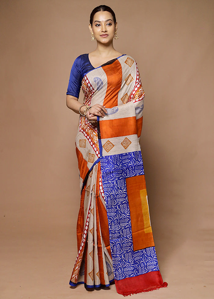 Cream Printed Pure Silk Saree Without Blouse Piece 2025 New Cheap Pice