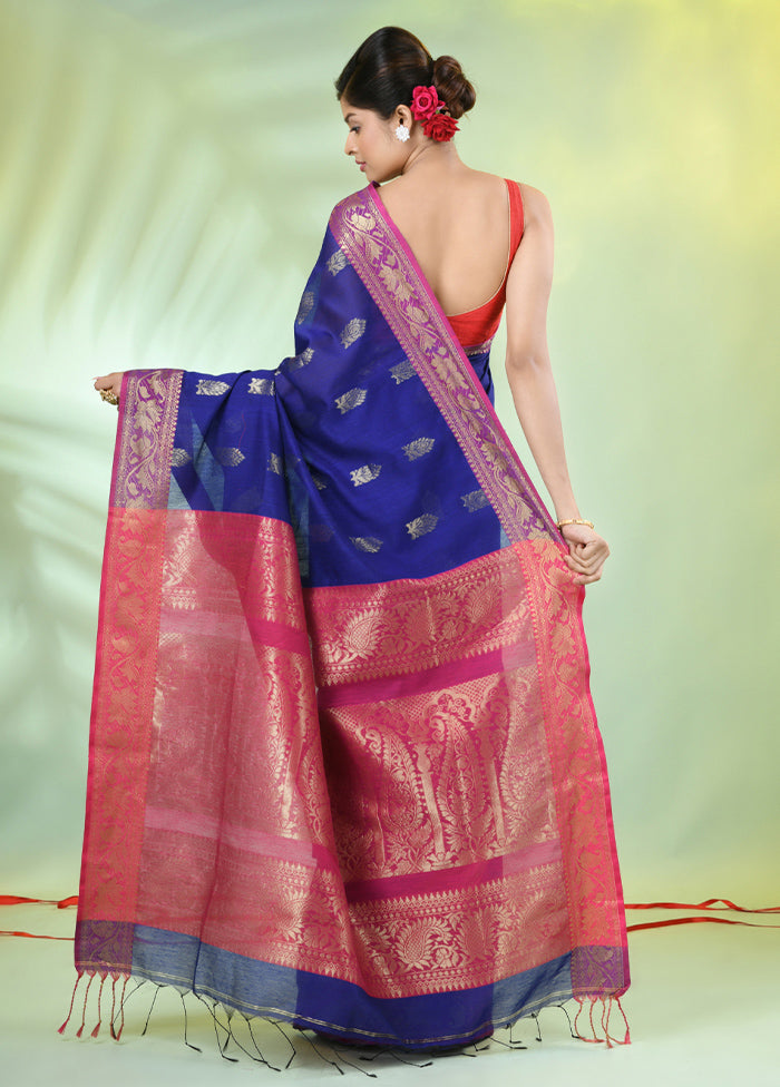 Blue Pure Cotton Saree With Blouse Piece Authentic For Sale