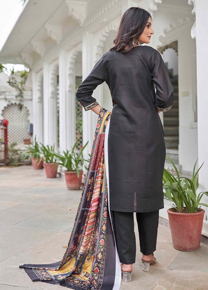 3 Pc Black Readymade Cotton Dupatta Suit Set 100% Original