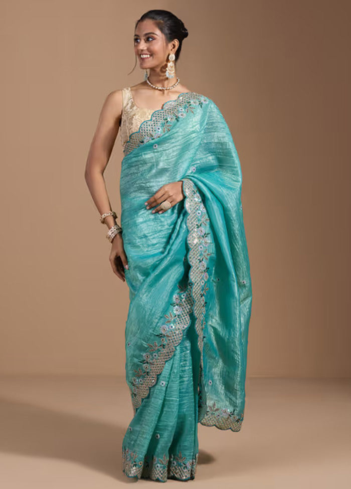 Teal Spun Silk Saree With Blouse Piece Free Shipping 2025 Unisex