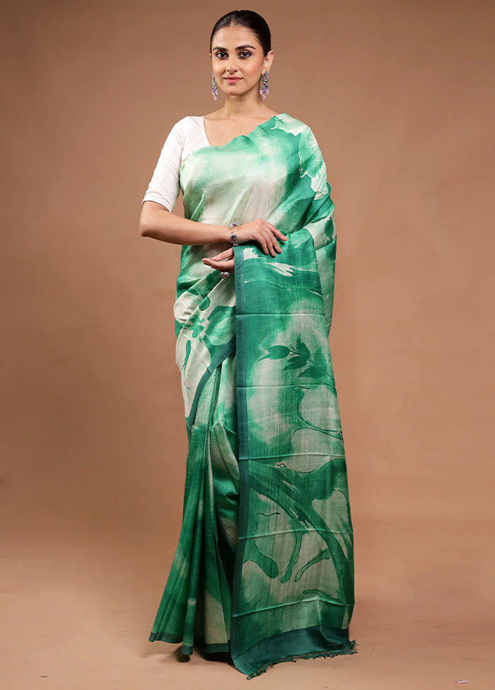 Green Printed Pure Silk Saree Without Blouse Piece Cheap Sale Enjoy