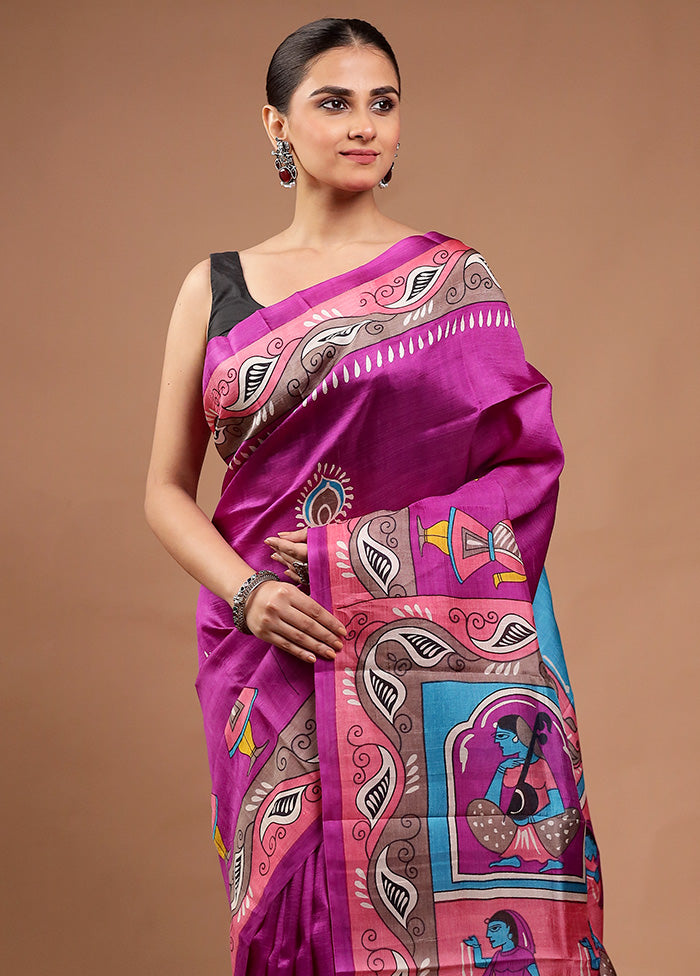 Purple Printed Pure Silk Saree Without Blouse Piece Real Online