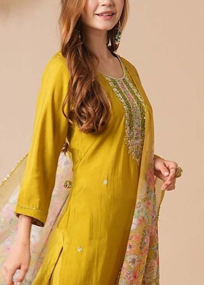 3 Pc Mustard Readymade Cotton Suit Set Fashionable For Sale