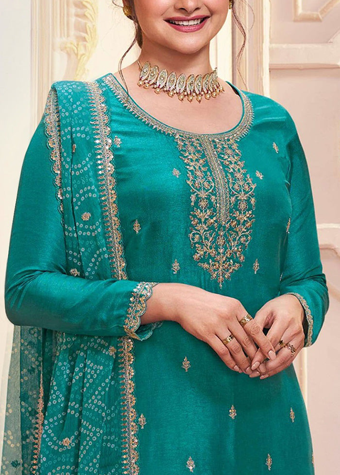 3 Pc Sea Green Semi Stitched Georgette Suit Set Sale 100% Original