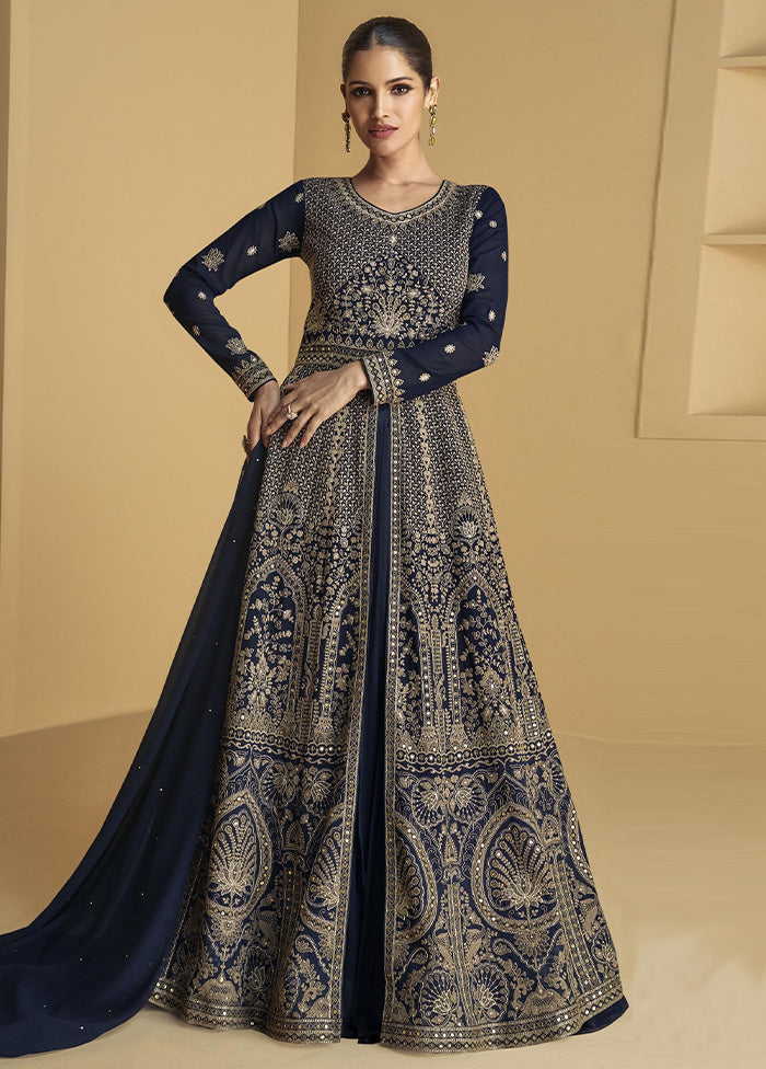 3 Pc Blue Semi Stitched Georgette Suit Set How Much Online