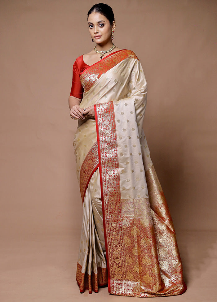 Cream Banarasi Silk Saree With Blouse Piece Geniue Stockist Online