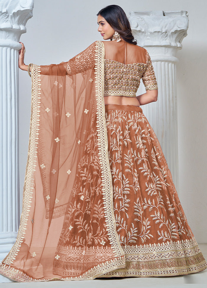 3 Pc Brown Net Semi Stitched Lehenga Set Online