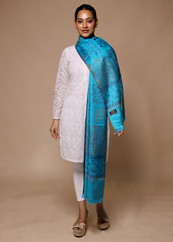 Blue Butta Work With Zari Woven Border Shawl Free Shipping Shop Offer