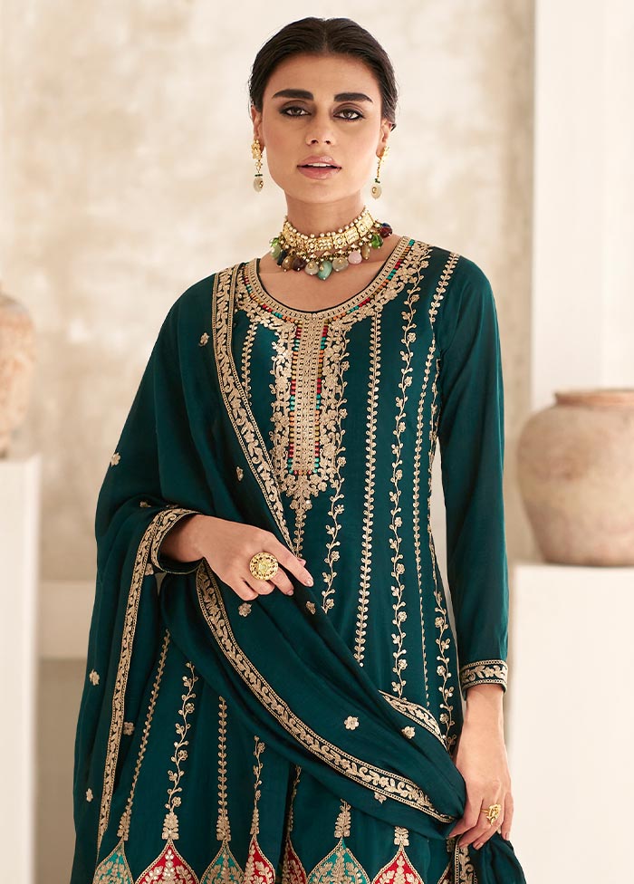 3 Pc Green Semi Stitched Silk Suit Set Sast Sale Online