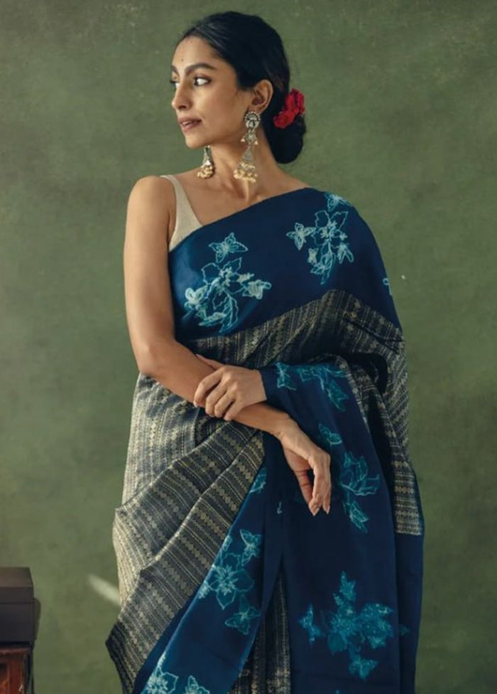 Navy Blue Banarasi Silk Saree With Blouse Piece Free Shipping Original