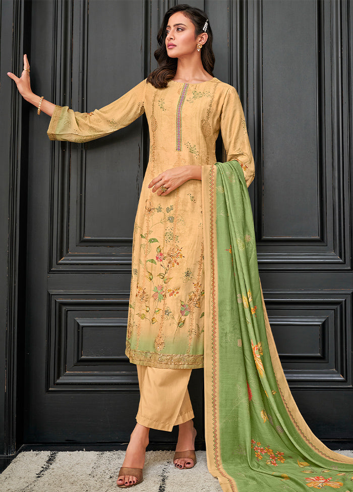 3 Pc Beige Unstitched Pure Silk Suit Set Discount Best Store To Get