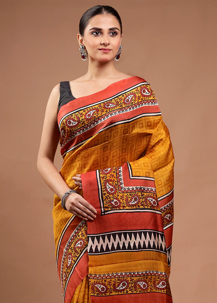 Yellow Printed Pure Silk Saree Without Blouse Piece Cost Cheap Online