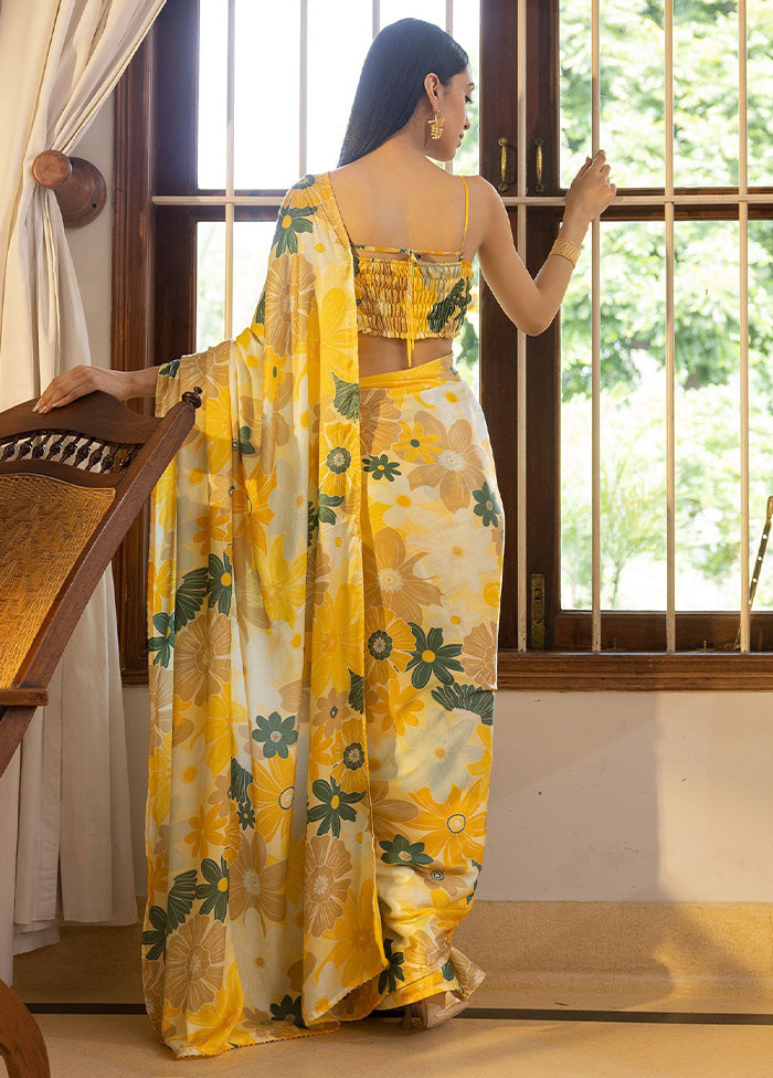 Yellow Satin Silk Saree With Blouse Piece Sale Enjoy