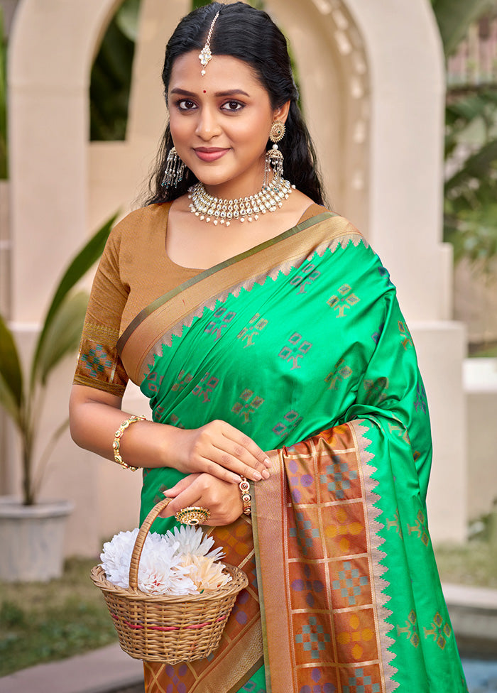 Rama Green Spun Silk Saree With Blouse Piece Sale For Cheap