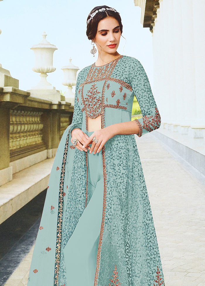 3 Pc Sky Blue Semi Stitched Net Suit Set Buy Sale Online