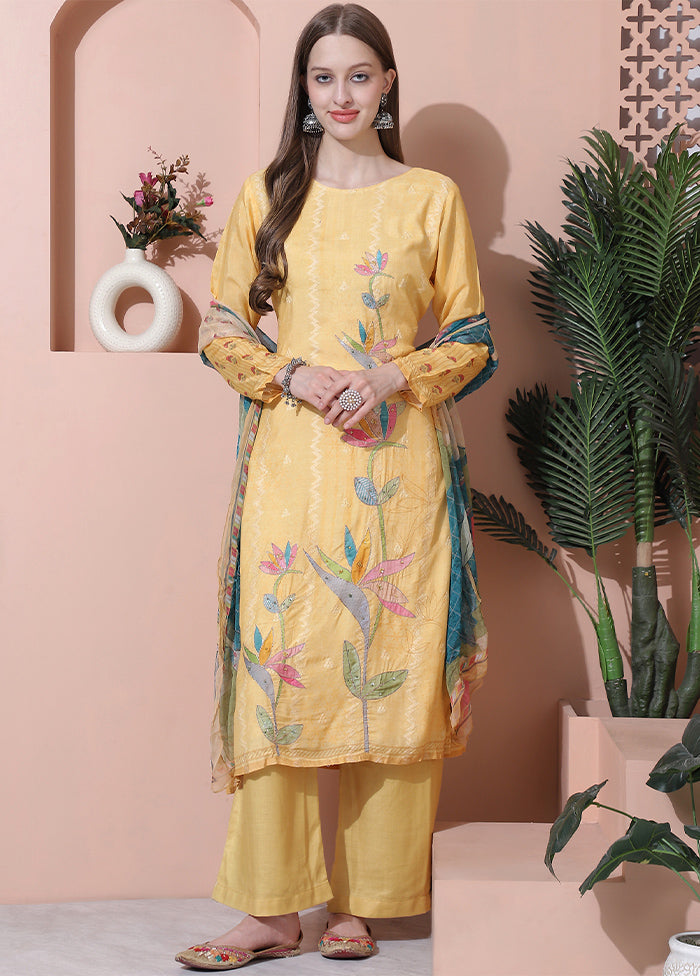 3 Pc Yellow Unstitched Silk Suit Set Clearance With Credit Card