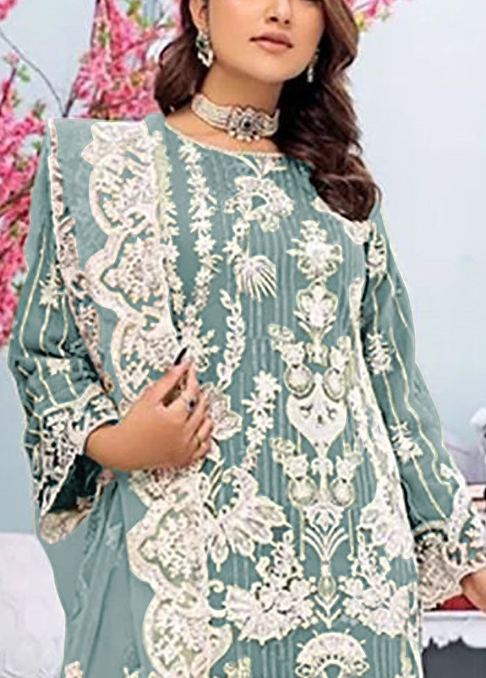 3 Pc Sky Blue Semi Stitched Georgette Suit Set Sale Cheapest