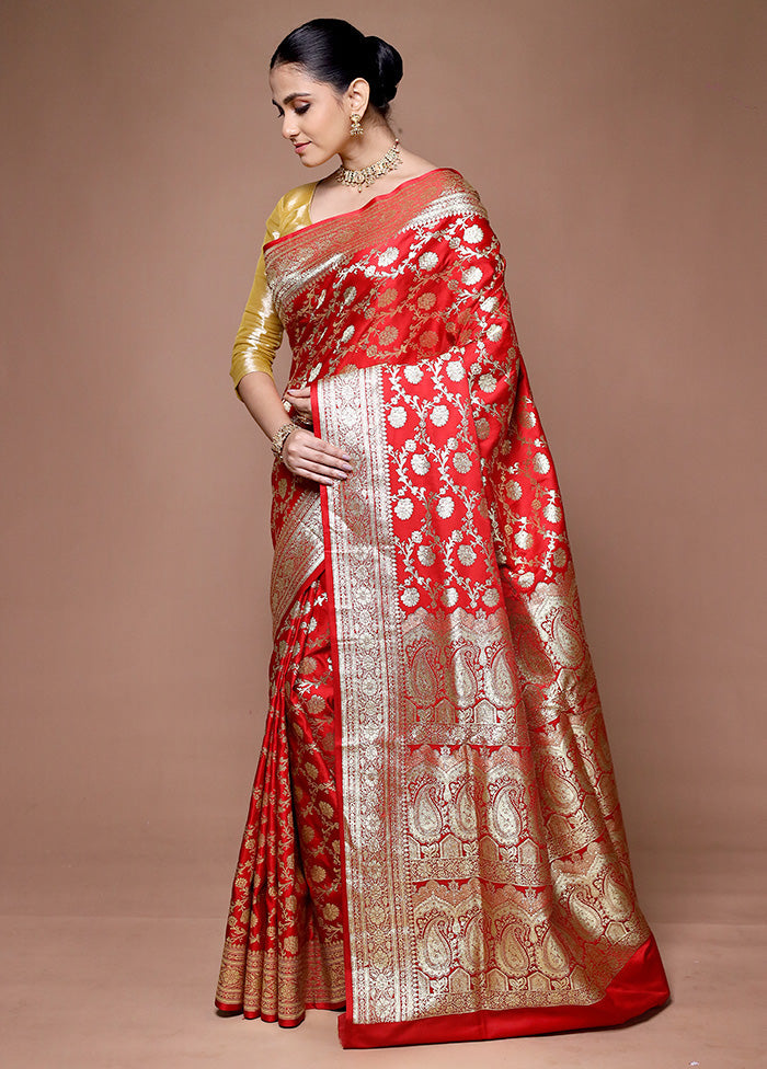 Red Banarasi Silk Saree With Blouse Piece Clearance Reliable