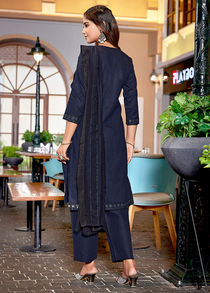 3 Pc Navy Blue Readymade Cotton Suit Set How Much Sale Online