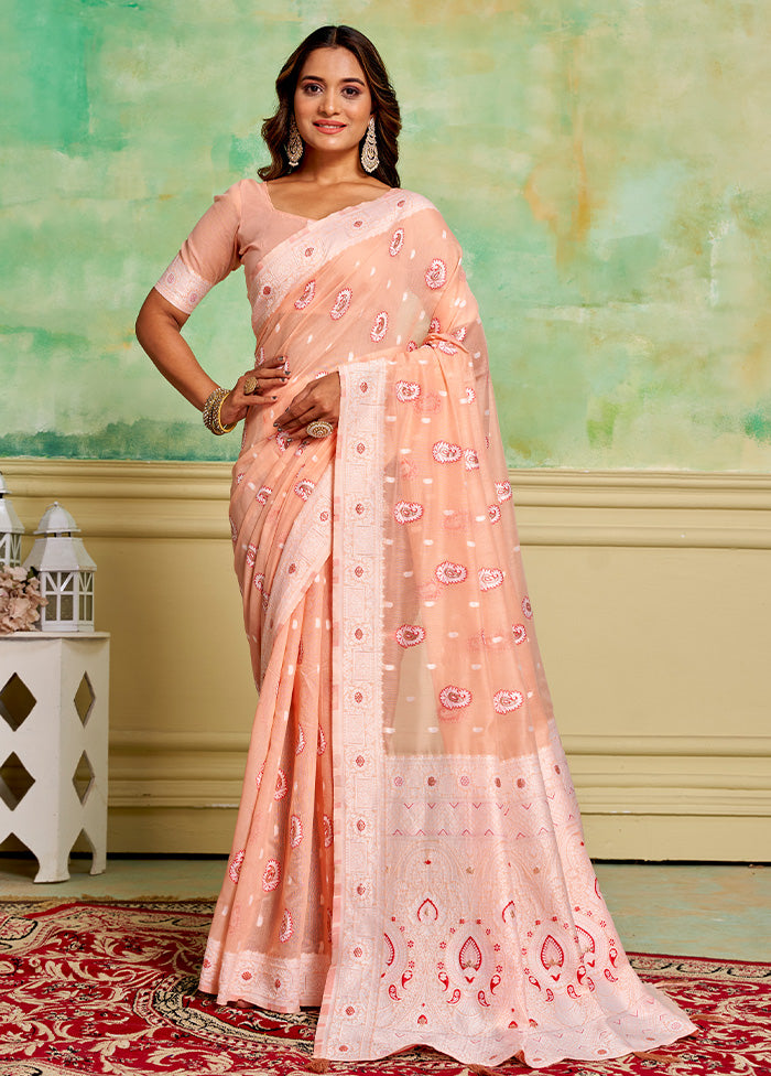 Peach Cotton Saree With Blouse Piece Authentic Online