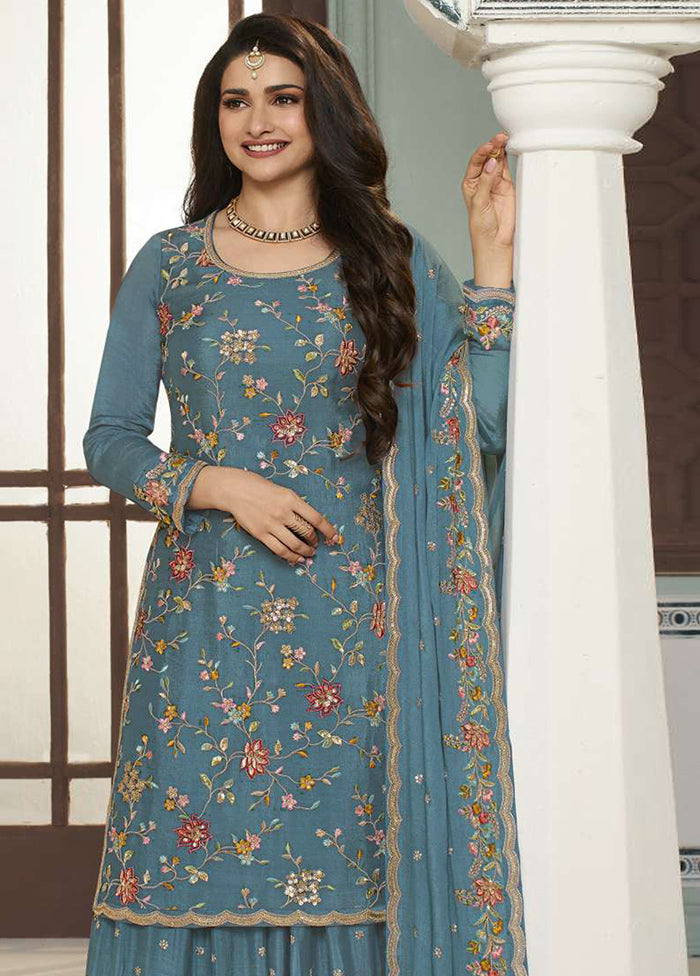 3 Pc Blue Semi Stitched Viscose Suit Set Deals