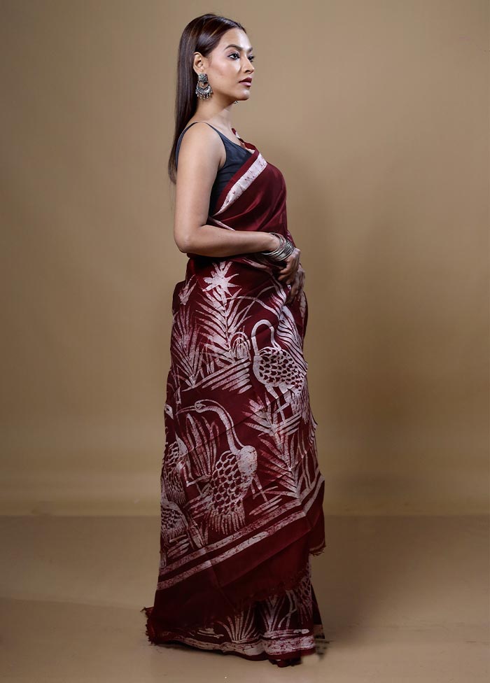 Maroon Printed Pure Silk Saree Without Blouse Piece Big Sale Cheap Online