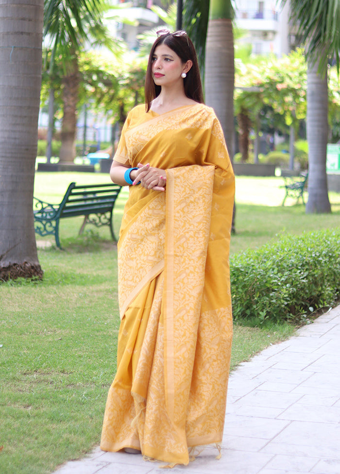 Yellow Spun Silk Saree With Blouse Piece Discount Footaction