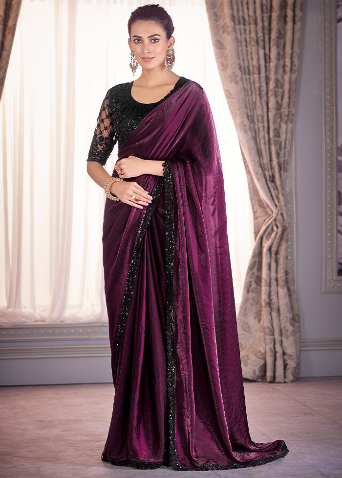 Wine Satin Silk Saree With Blouse Piece Free Shipping Original