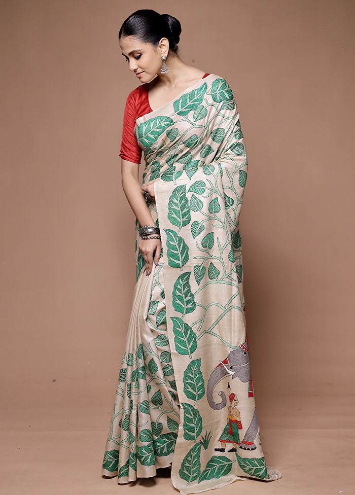 Cream Handloom Kantha Stitch Pure Silk Saree With Blouse Piece Free Shipping Comfortable